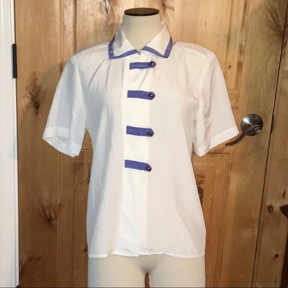 LIZ BAKER White Periwinkle Trim Vntg Blouse VGUC 6